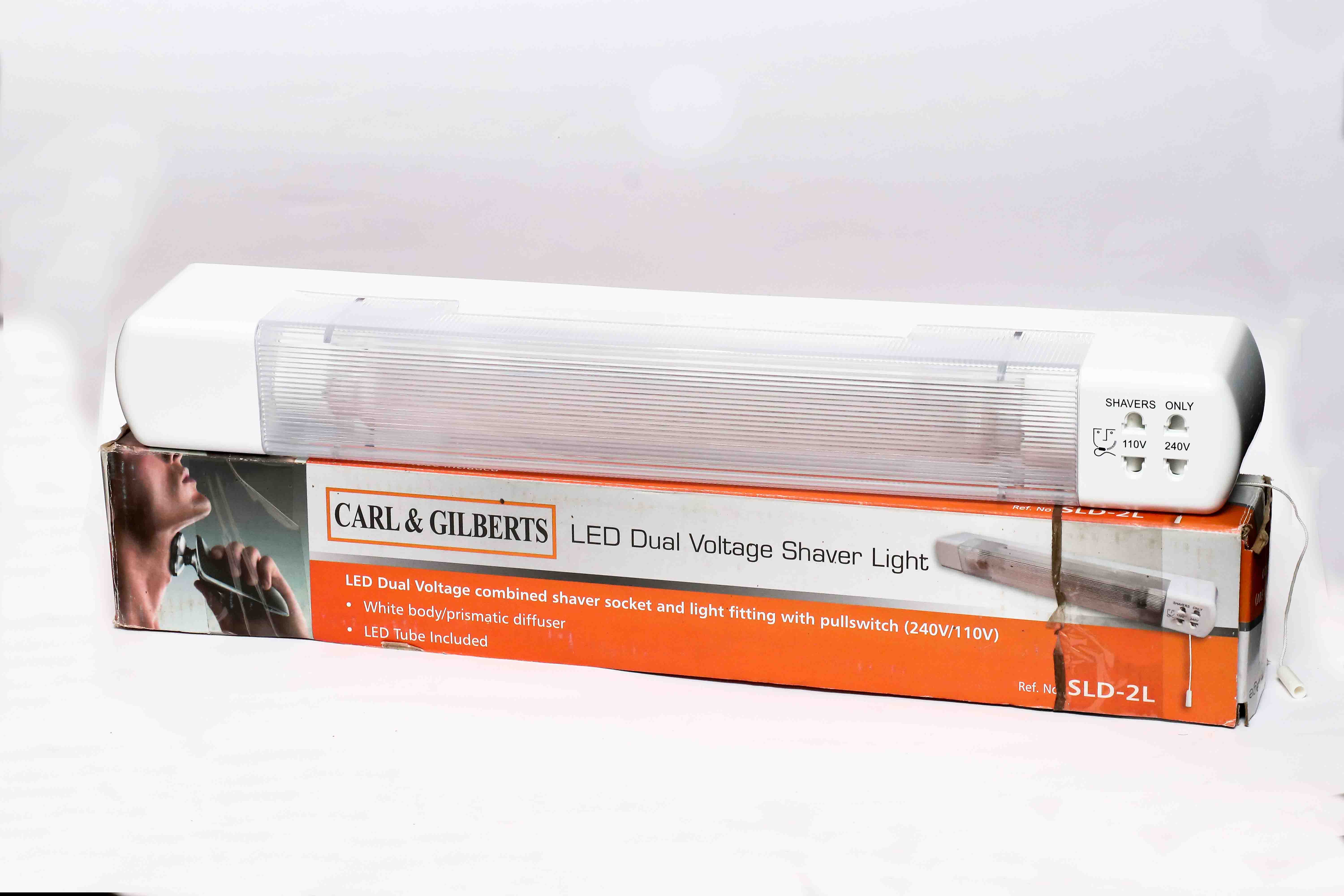 LED mirror light with a dual-voltage shaver socket.